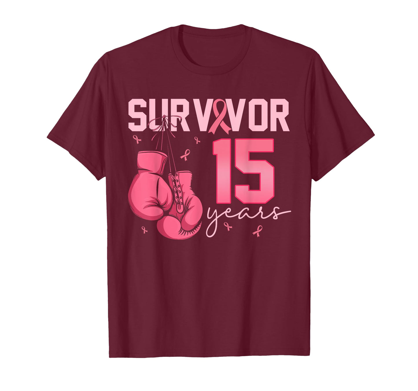 Breast Cancer Survivor 15 Years Pink Ribbon Boxing Gloves T-Shirt