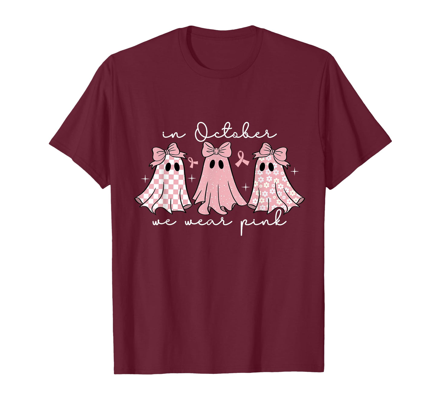 in October We Wear Pink Ghost Breast Cancer Halloween T-Shirt