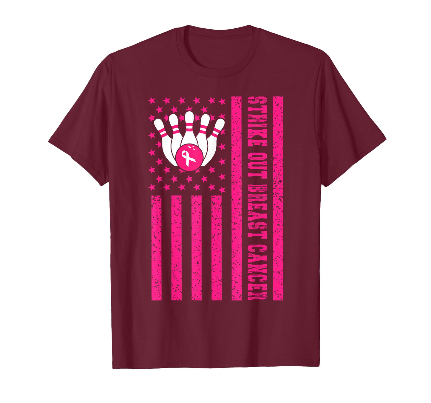Strike Out Bowling Ribbon USA Flag Breast Cancer Awareness T-Shirt
