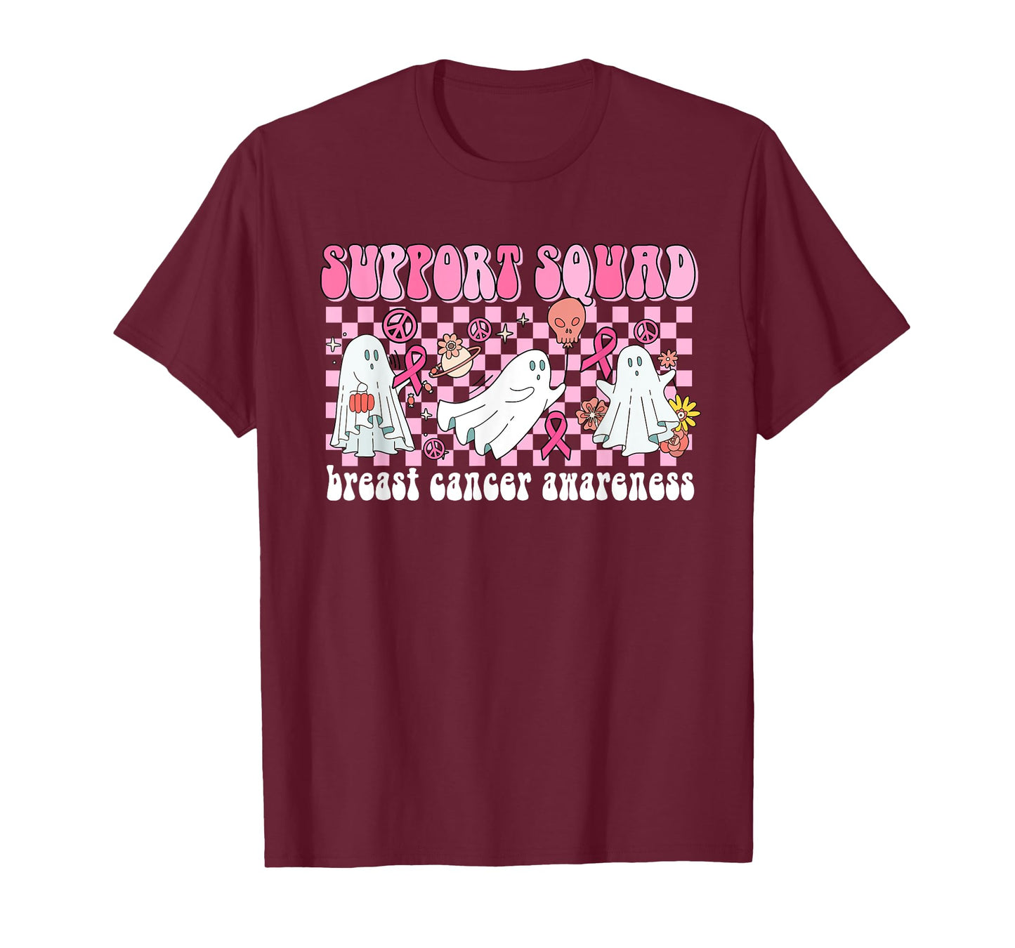 Groovy Halloween Cute Pink Ghost Breast Cancer Support Squad T-Shirt