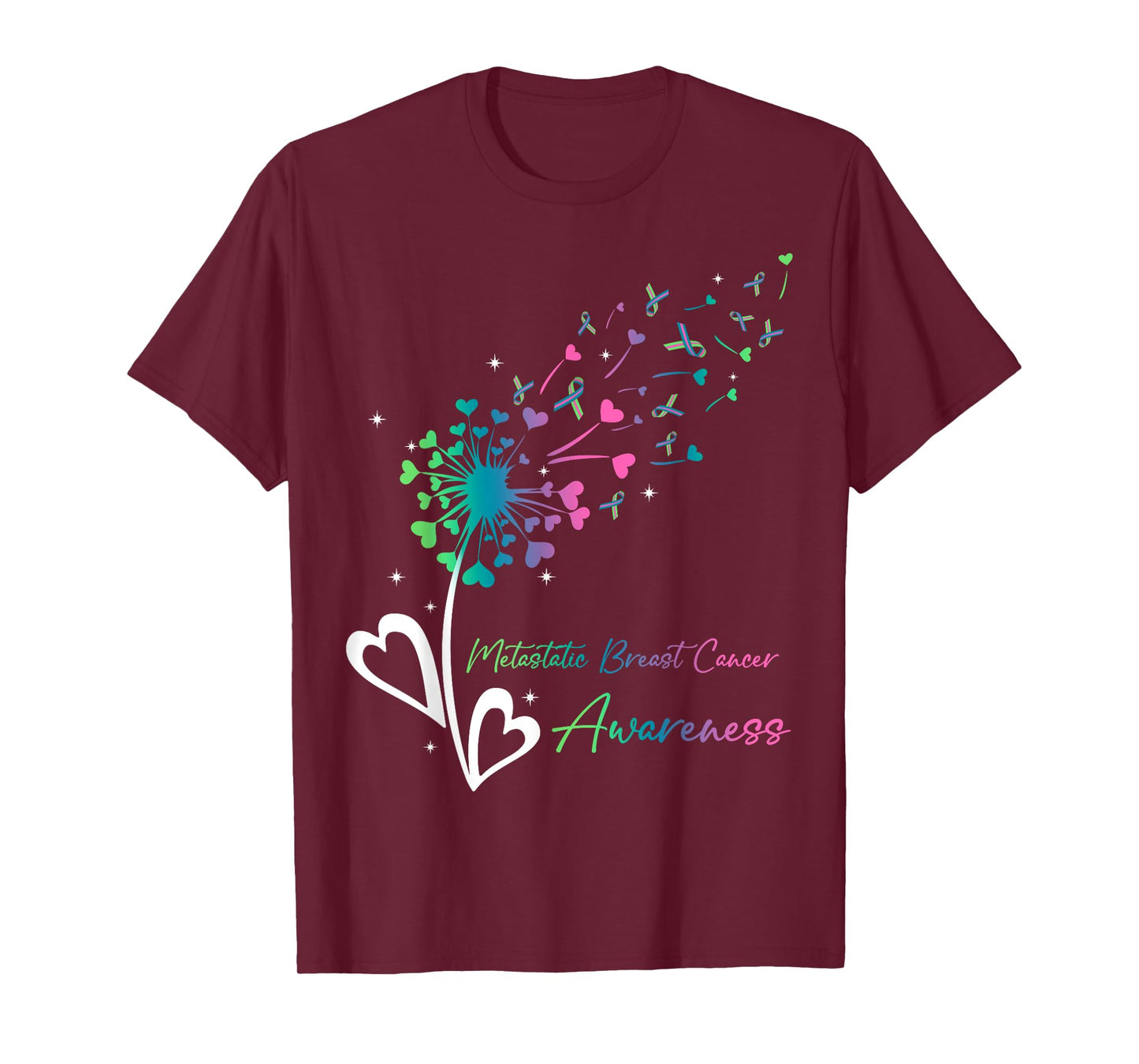 Heart Dandelion Flower Green Teal Pink Ribbons MBC Awareness T-Shirt