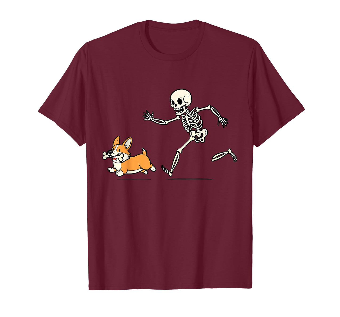 Funny Skeleton Chasing Cute Corgi Boo Running Dog Mom Dad T-Shirt
