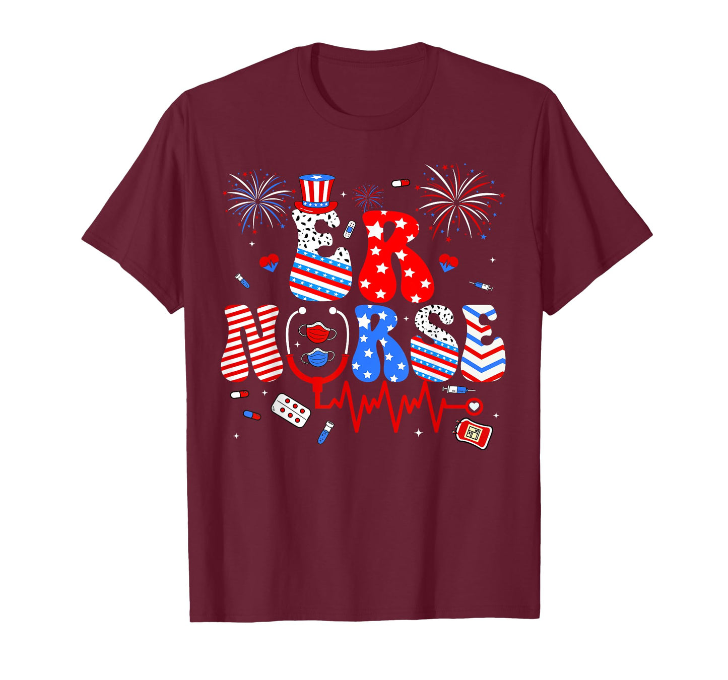 Patriotic ER Nurse Happy 4th Of July Women Girls Scrub Top T-Shirt