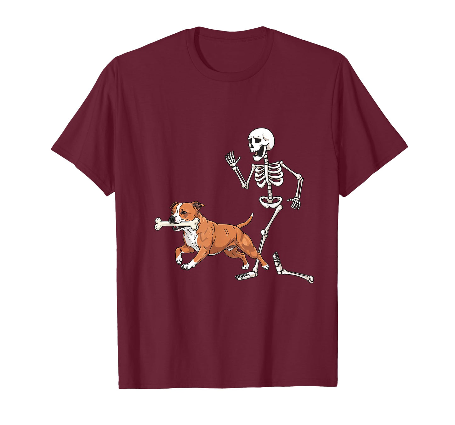 Funny Halloween Staffordshire Bull Terrier and Skeleton T-Shirt