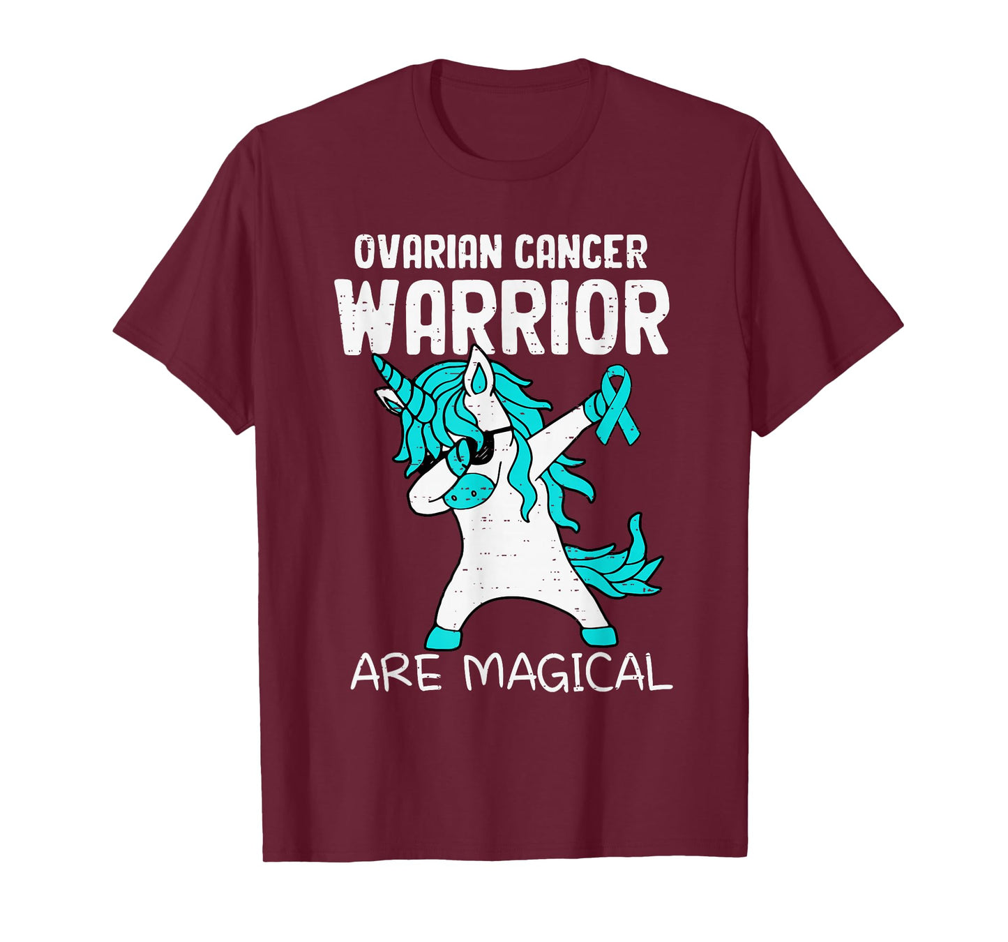Ovarian Cancer Warrior Awareness Dabbing Unicorn Ribbon Teal T-Shirt