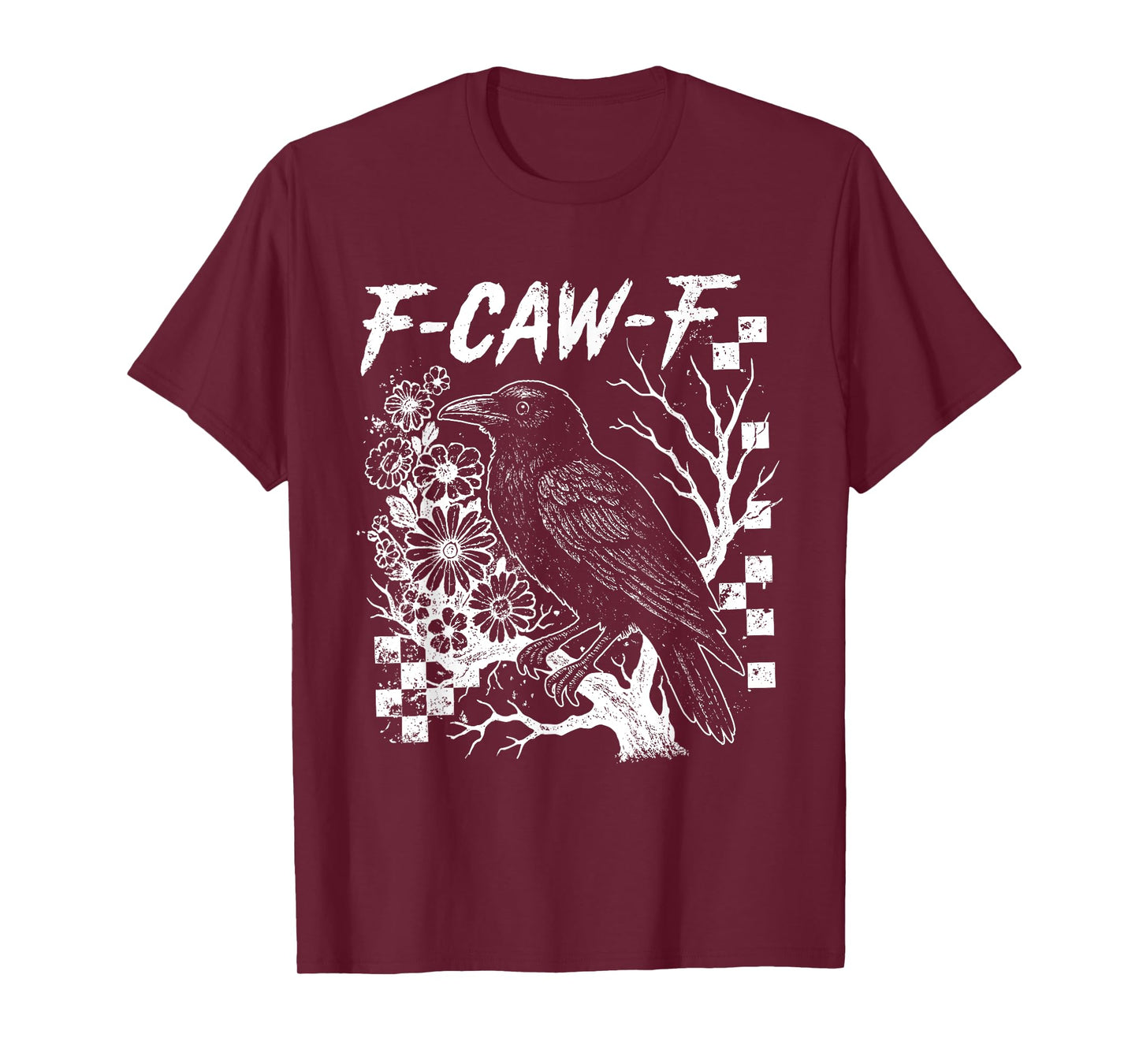 Checkered Floral Crow Raven F-CAW-F Halloween Dark Bird T-Shirt