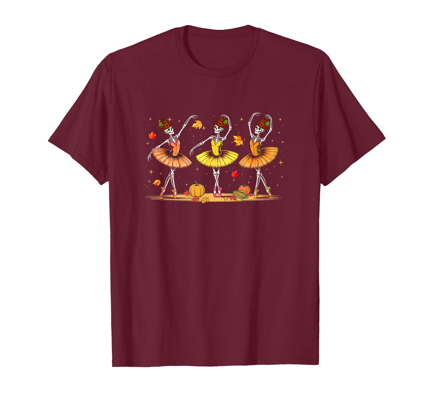 Three Cute Skeletons Bow Tie Dancing Thanksgiving Colorful T-Shirt