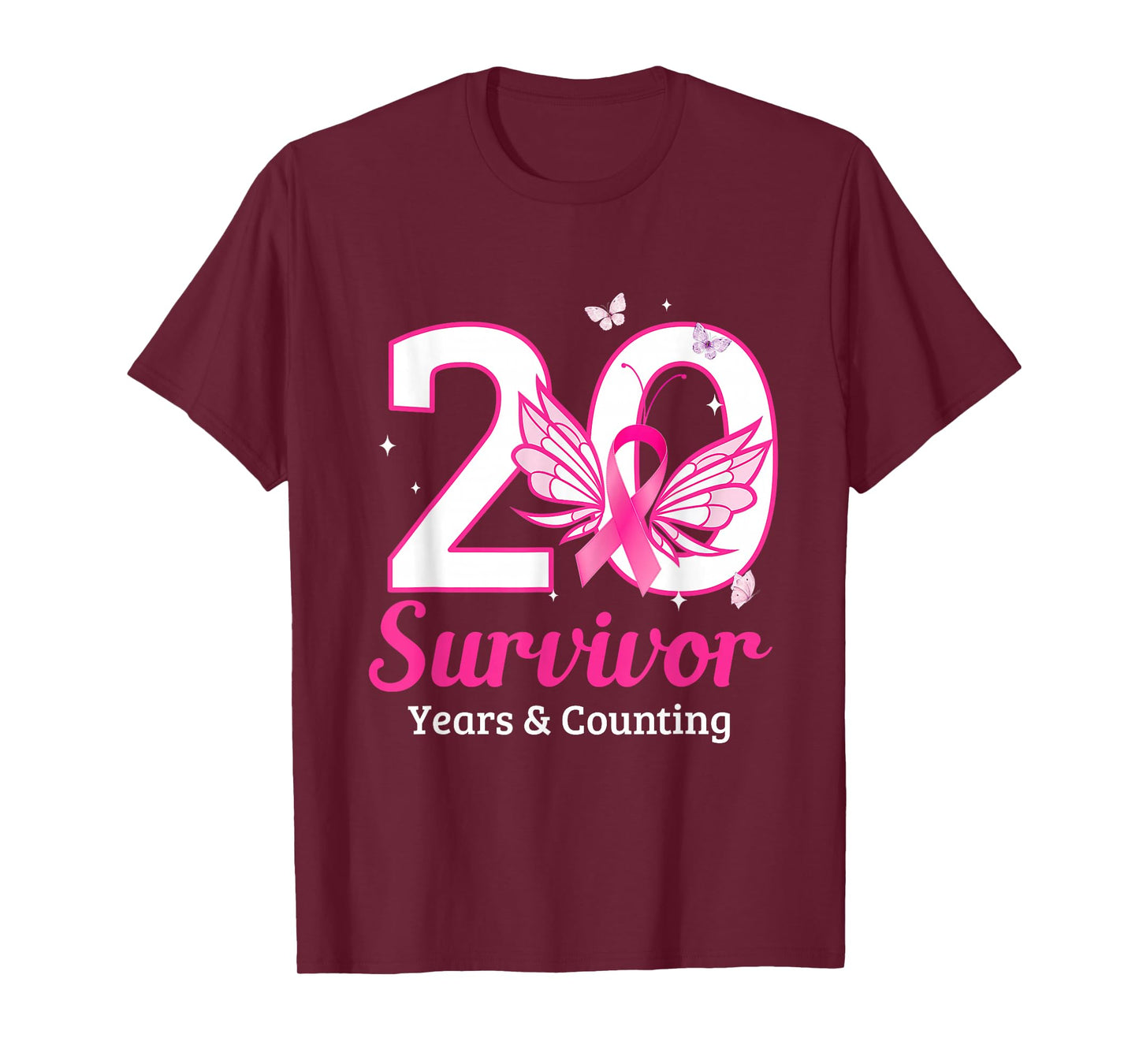 Vintage 20 Years Breast Cancer Survivor Ribbon Buffterfly T-Shirt