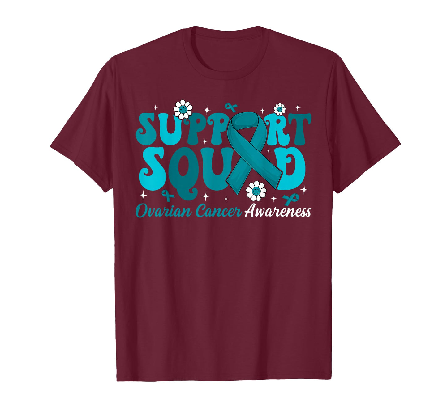 Groovy Support Squad Ovarian Cancer Awareness Teal Ribbon T-Shirt