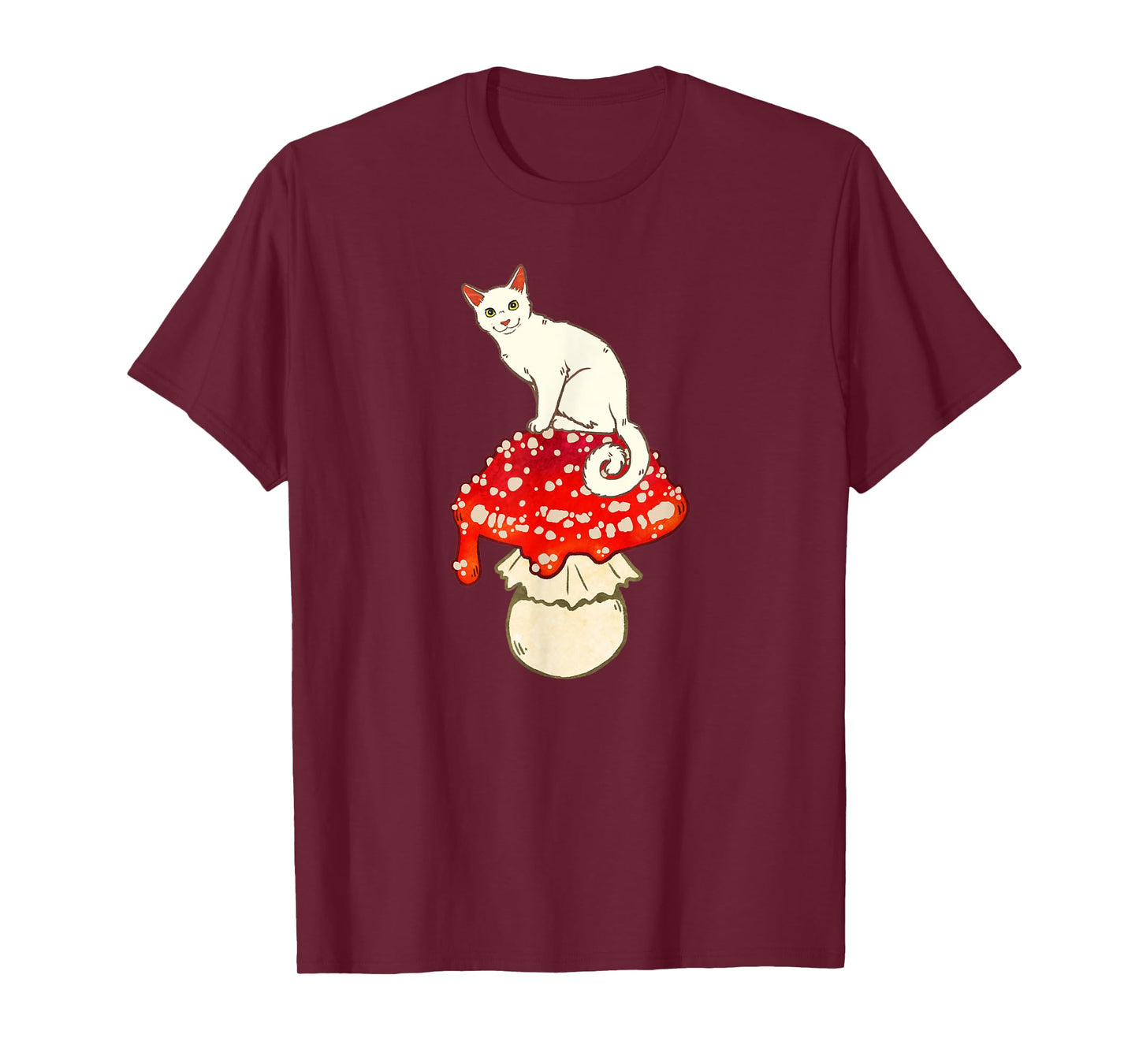 Cute White Cat Sitting on Red Spotted Mushroom - T-Shirt