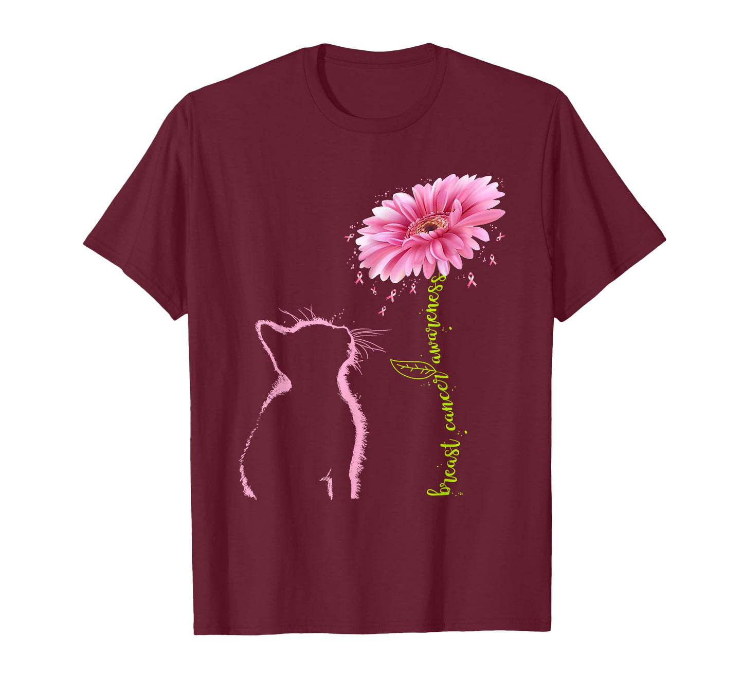 Breast Cancer Awareness Pink Ribbon Daisy Flower Cat Lovers T-Shirt