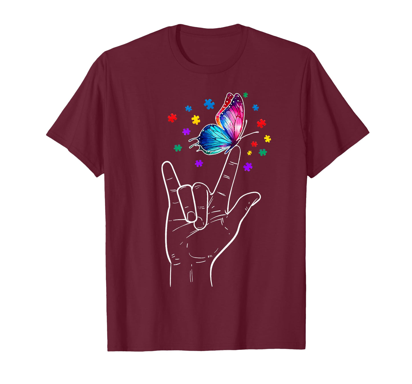 I Love You Hand Sign Language Butterfly Autism Awareness T-Shirt