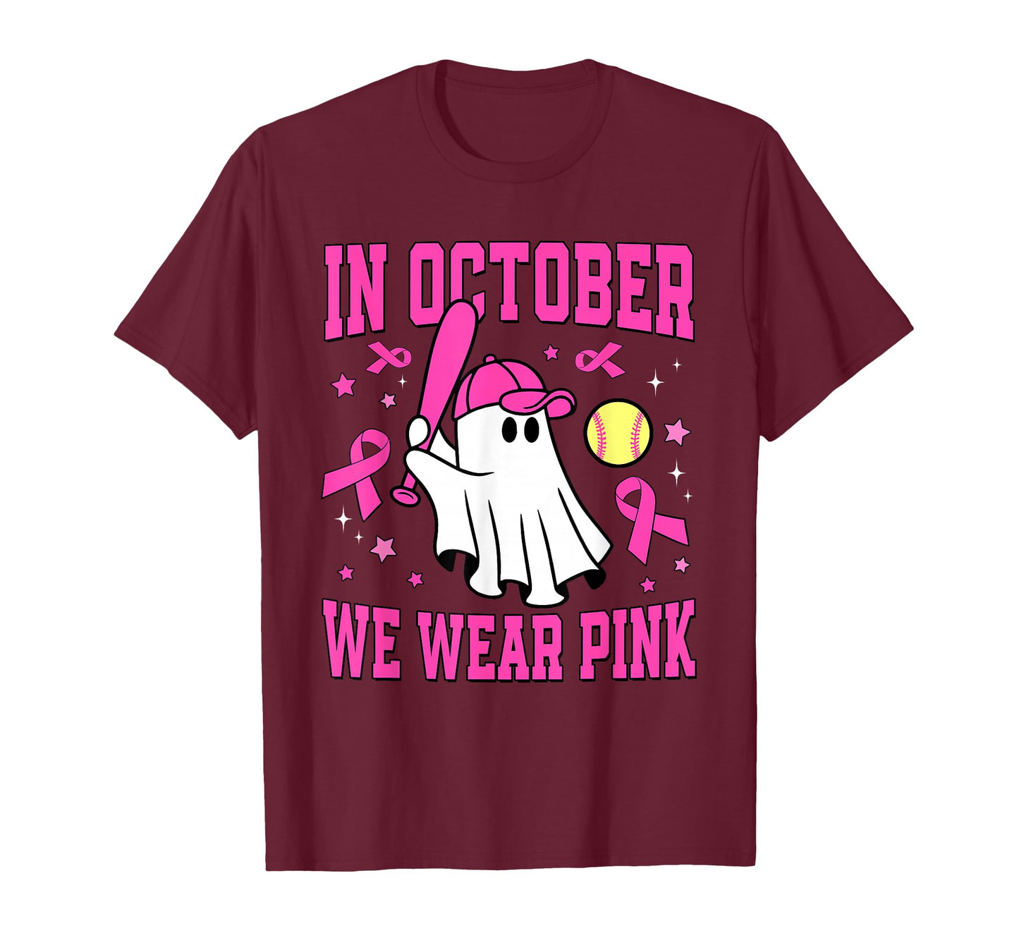 In October We Wear Pink Ghost Softball Breast Cancer T-Shirt