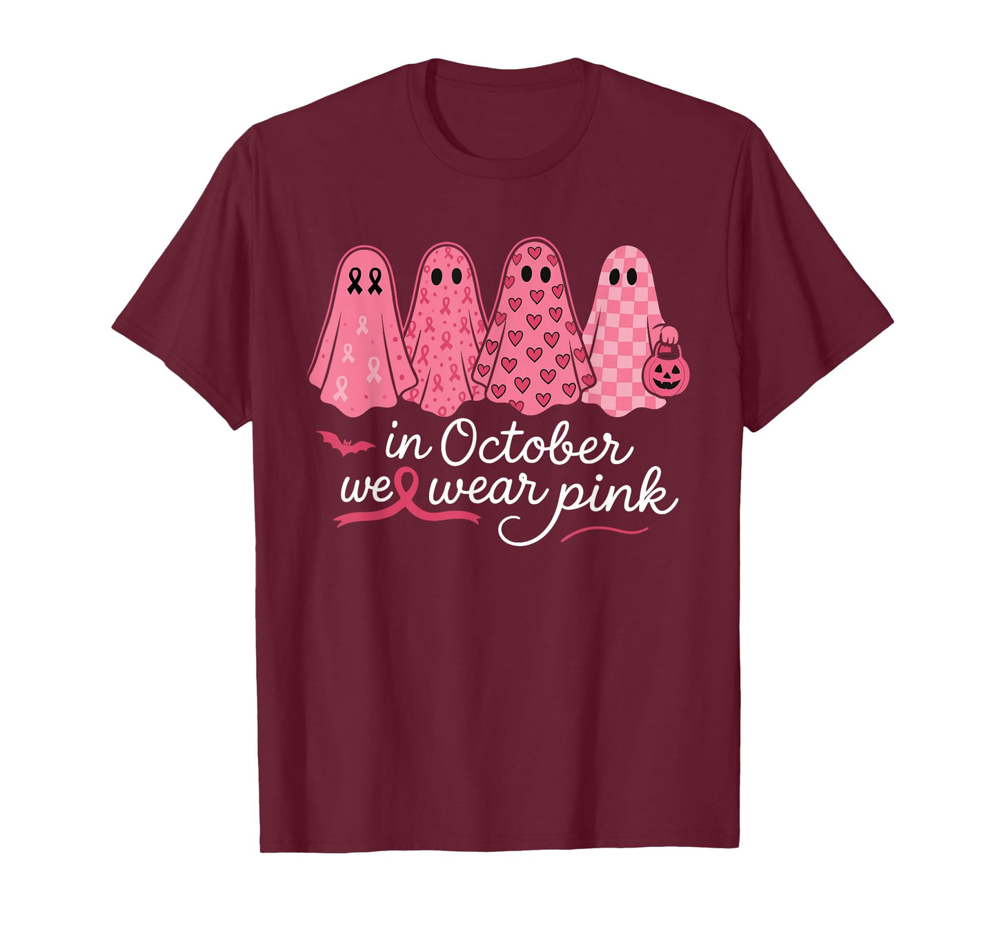 in October We Wear Pink Ghost Halloween Breast Cancer T-Shirt