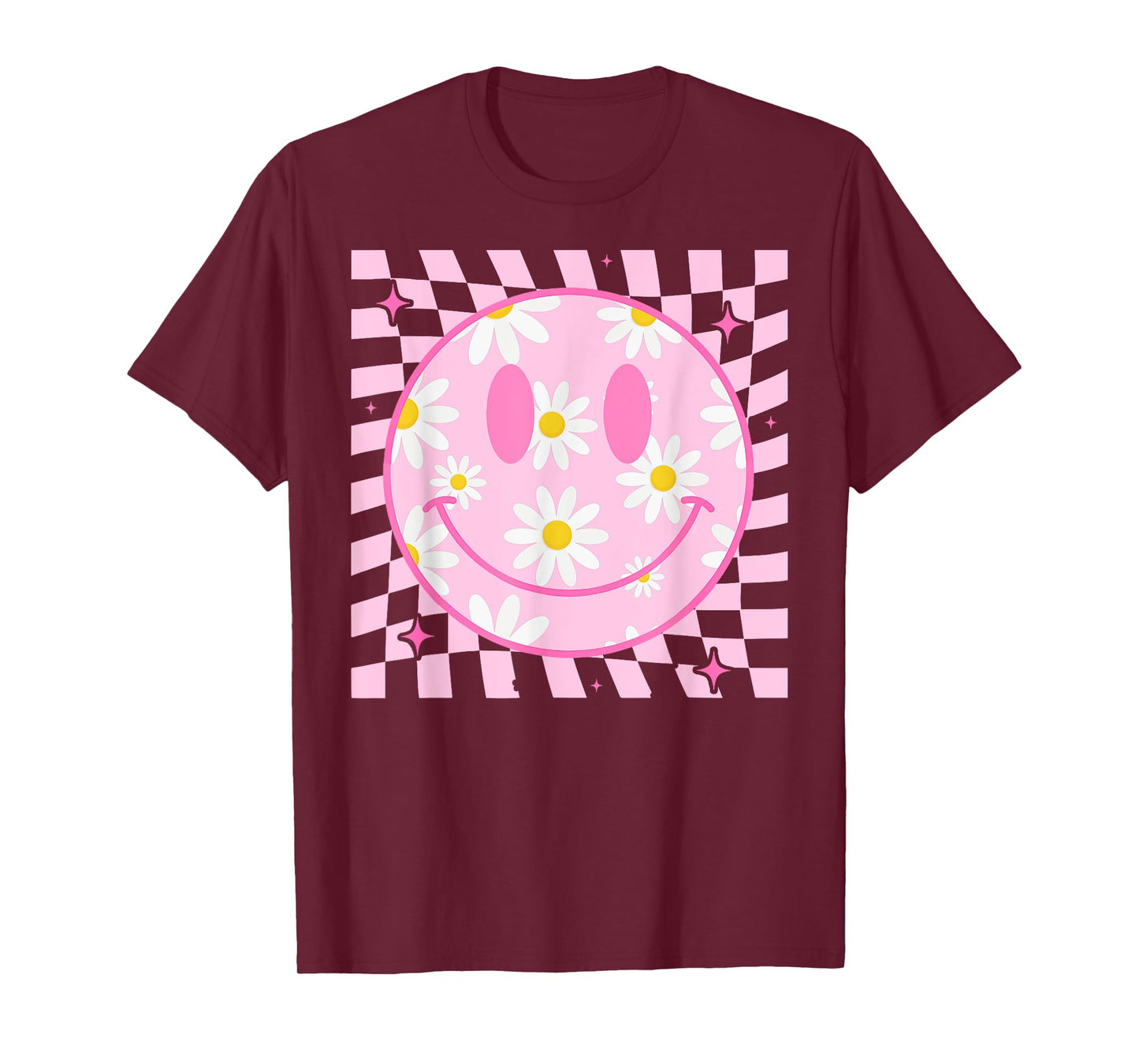 Retro Happy Smile Face Checkered Pattern Pink Daisy Flower T-Shirt