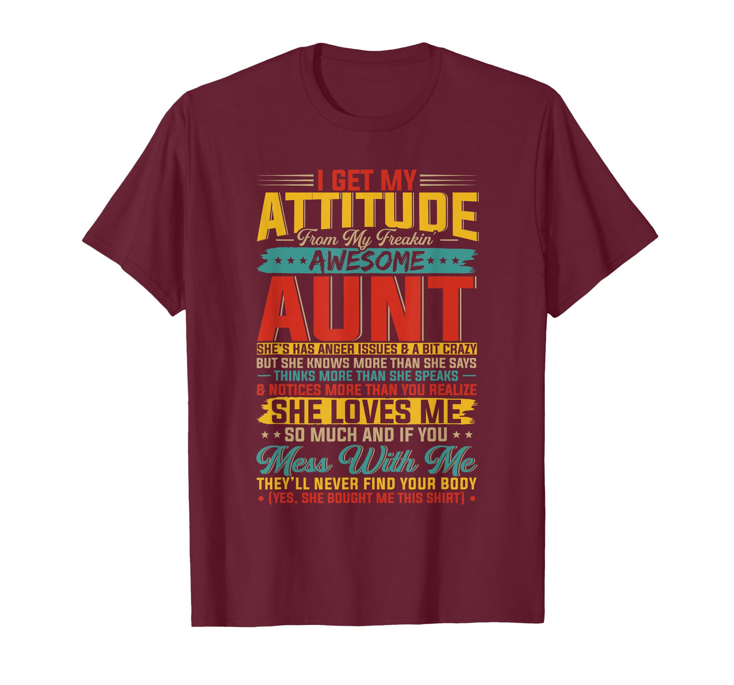 I Get My Attitude From My Freaking Awesome Aunt T-Shirt - Black - Small - Unisex-Kids - Vintage Casual - Letter Print - Crew Neck - Pull On - Classic Fit - Cotton 65%, Polyester 35%