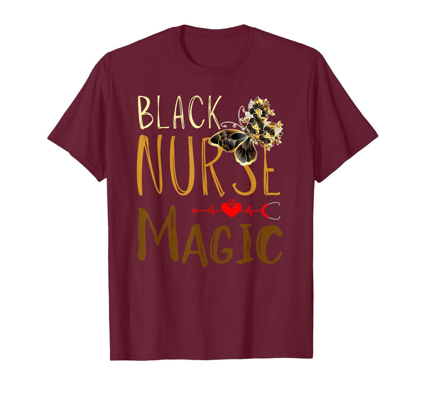 Fabulous Gold Flower Butterfly Black Nurse Heartbeat Magic T-Shirt