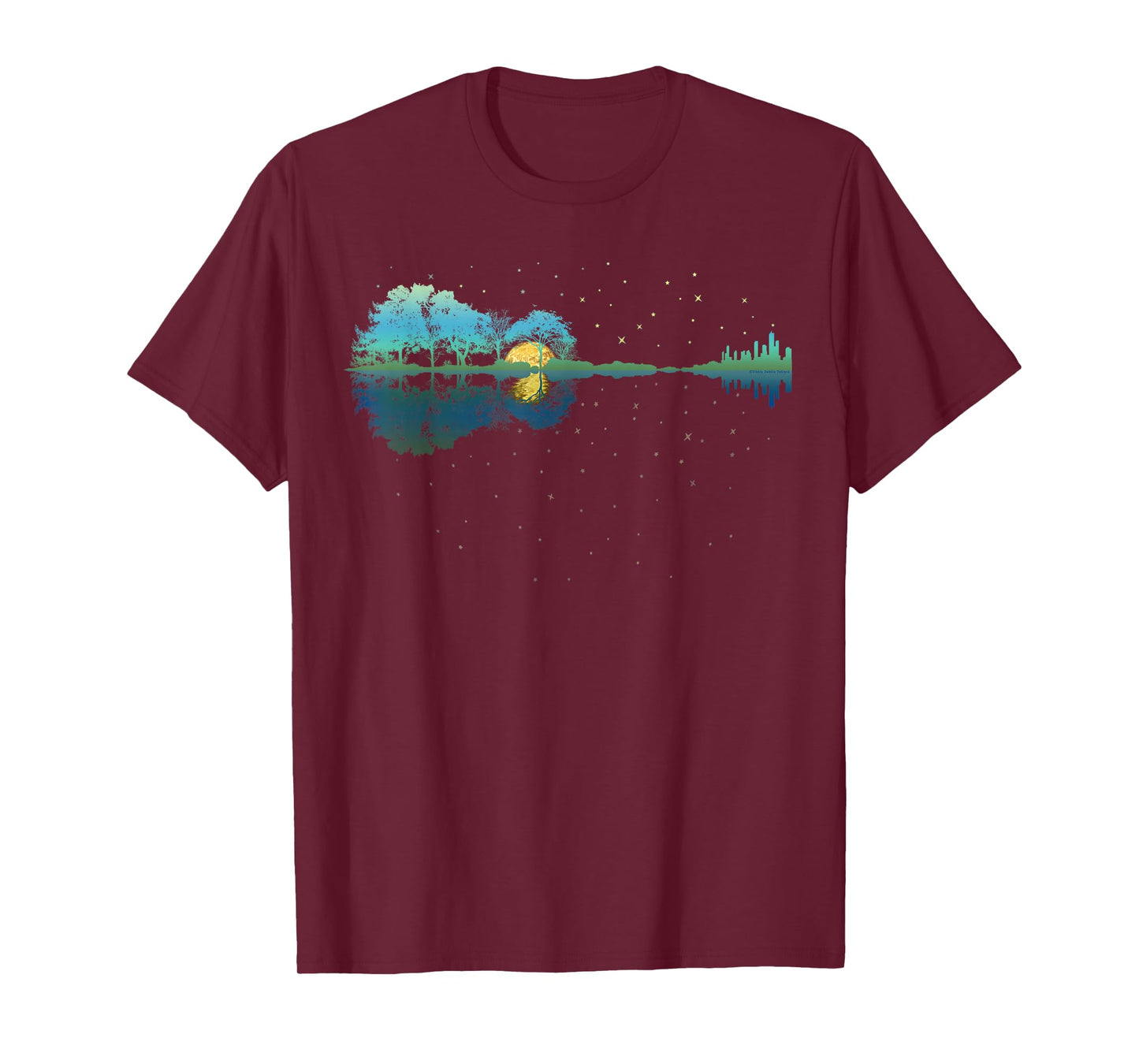 Guitar Lake Reflections Night Sky and Moon Guitar T-Shirt