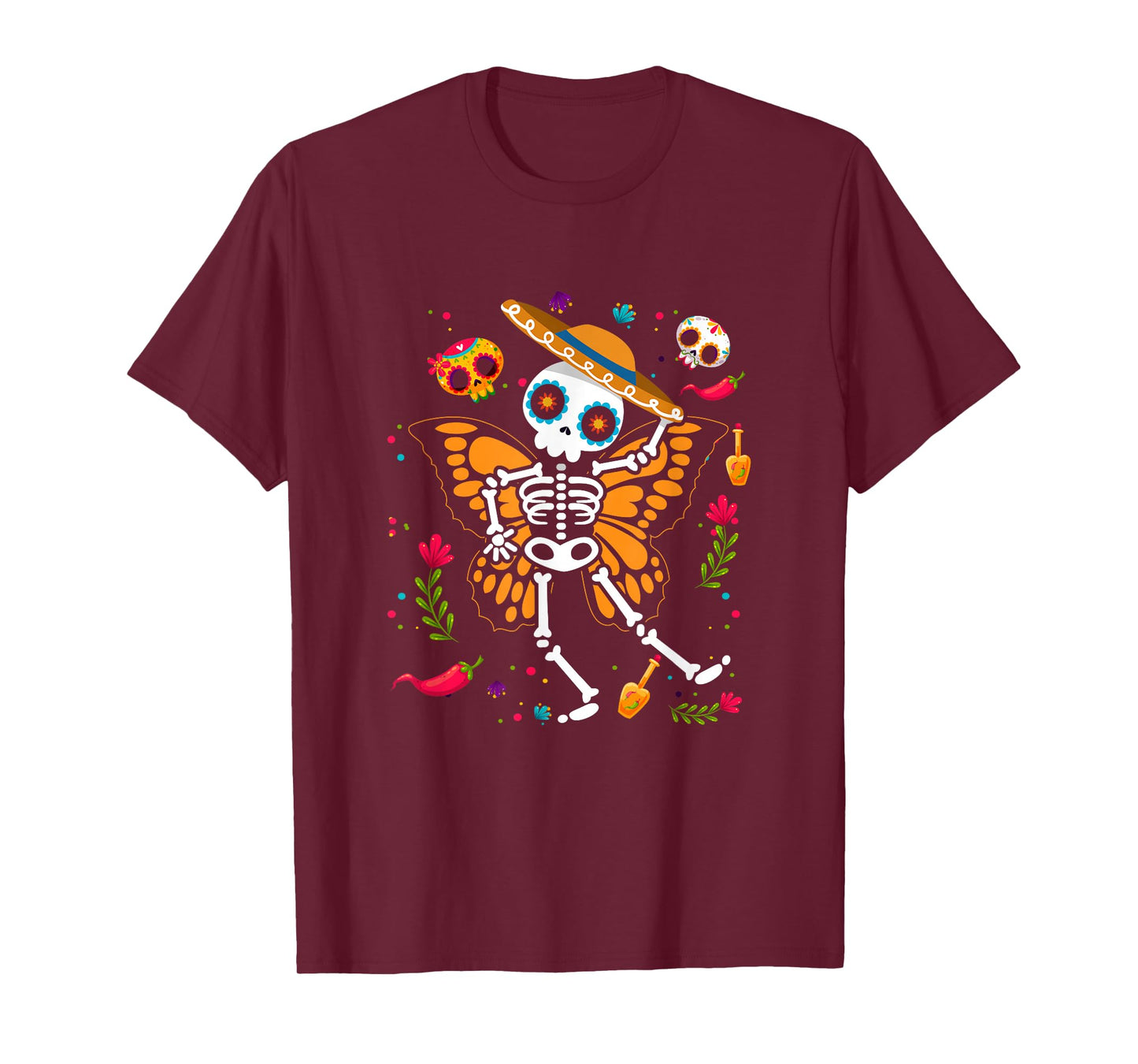 Day of The Dead Sugar Skull Skeleton Monarch Butterfly Wings T-Shirt