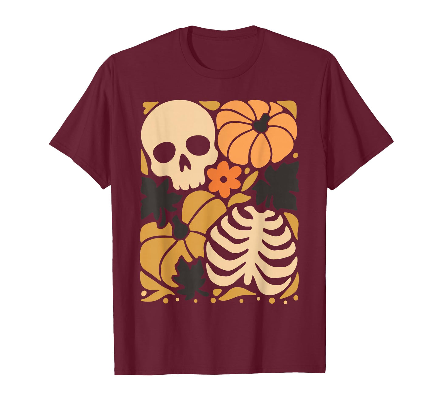 Retro Halloween Skull Pumpkin Ribcage Fall Leaves Spooky T-Shirt