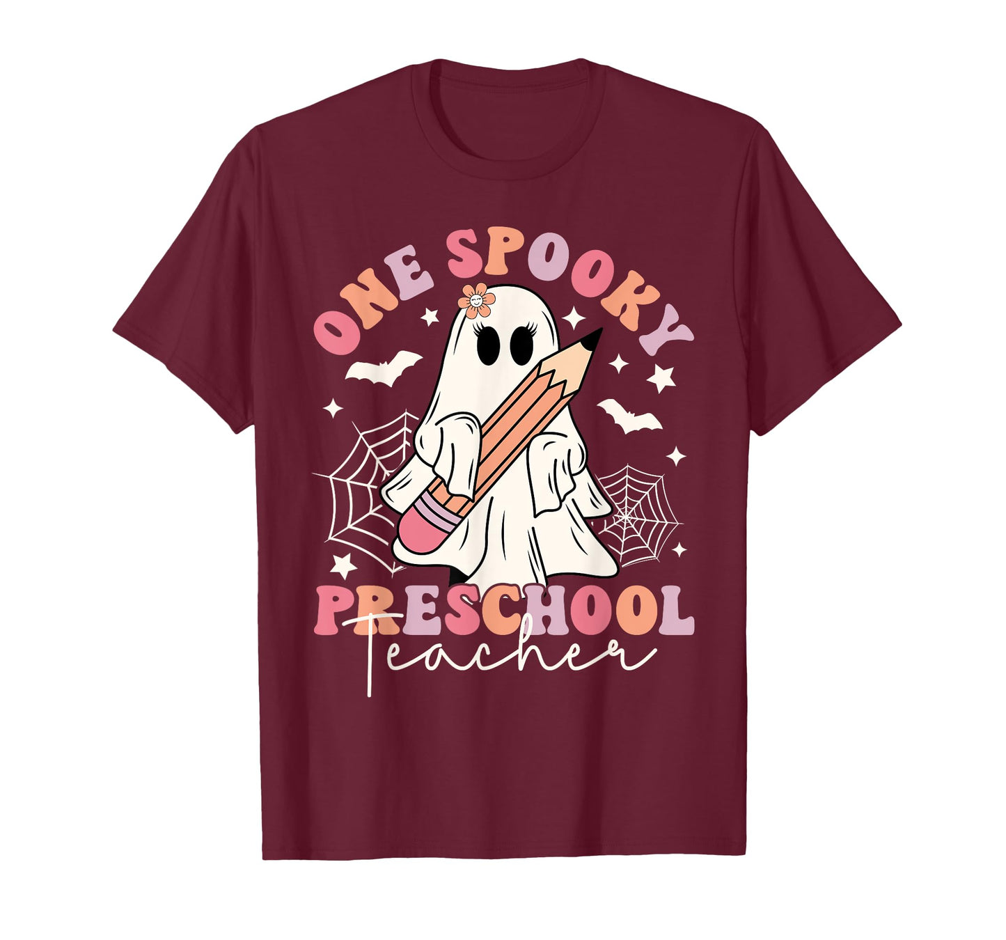 One Spooky Preschool Teacher Ghost Retro Halloween 2024 T-Shirt