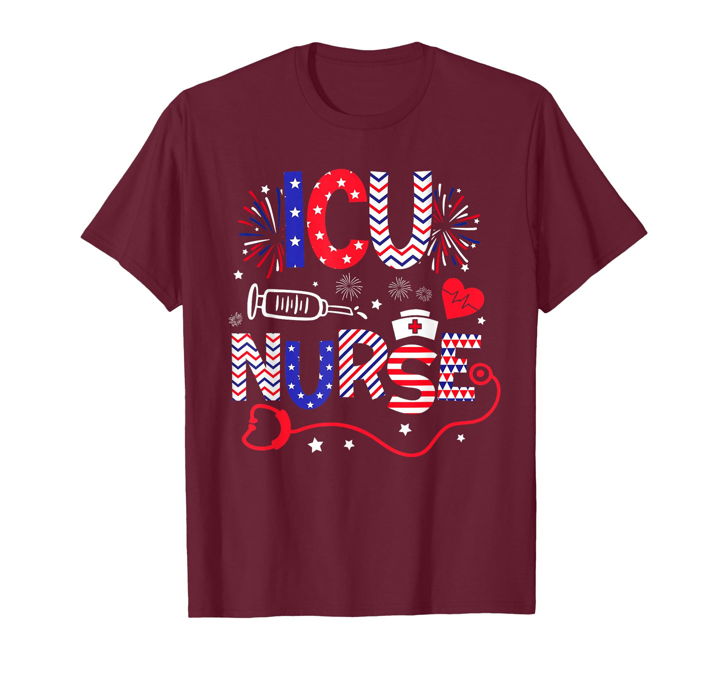 ICU Nurse 4th Of July Patriotic American Flag Stethoscope T-Shirt