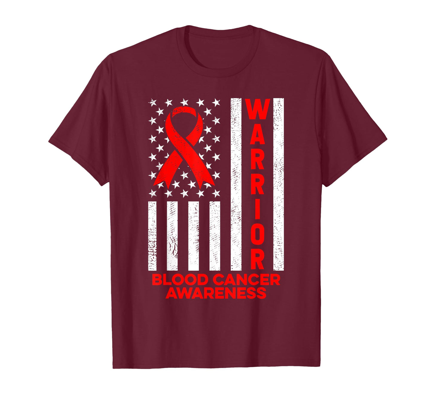 Blood Cancer Awareness Warrior American Flag Red Ribbon T-Shirt