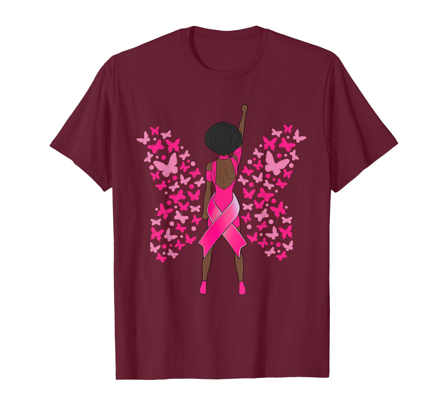 Breast Cancer Awareness Pink Butterflies African American T-Shirt