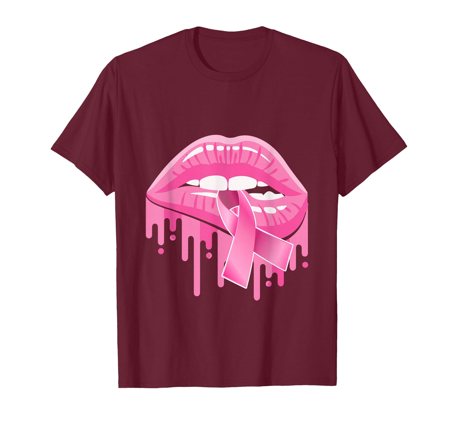 Breast Cancer Awareness Women Sexy Lips Pink Ribbon T-Shirt
