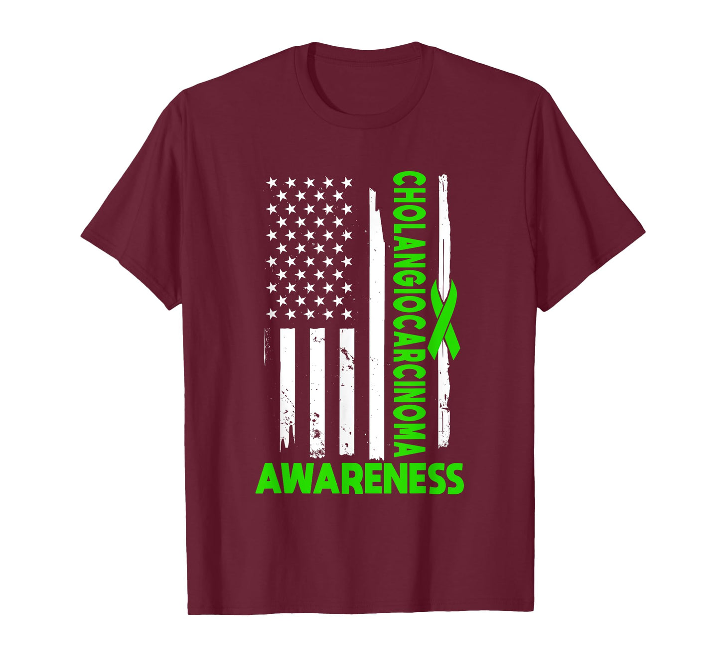 American Flag Cholangiocarcinoma Awareness USA Green Ribbon T-Shirt