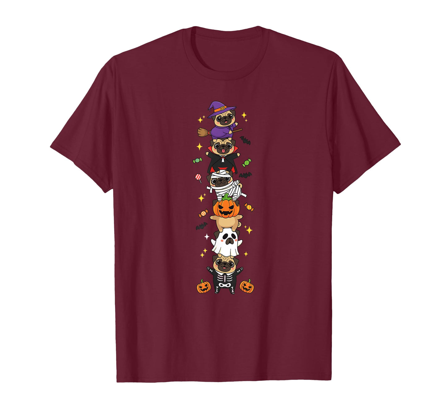 Funny Pug Witch Vampire Ghost Halloween Kids Mens Womens T-Shirt