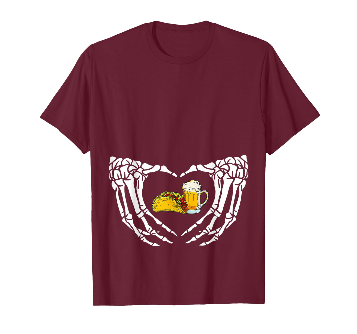 Funny Skeleton Heart Hand Halloween Beer Tacos Men Women T-Shirt