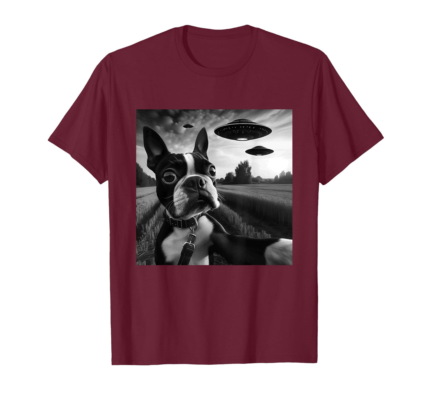 Boston Terrier Funny Graphic Selfie with UFOs Weird Aliens T-Shirt