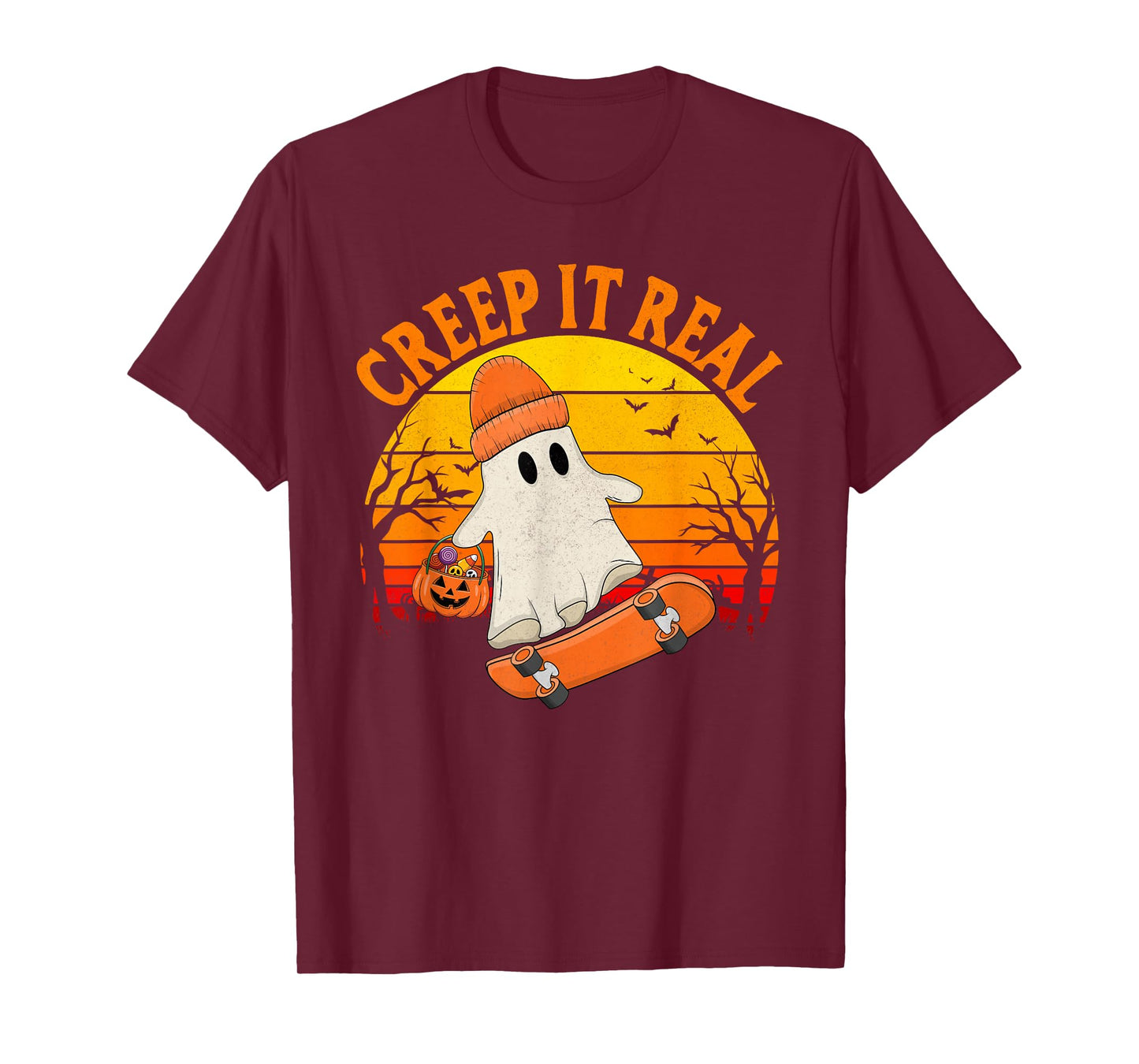 Creep It Real Skateboarding Ghost Funny Halloween T-Shirt