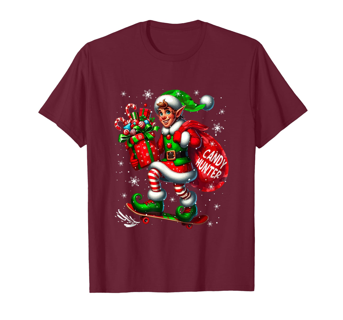 Hunter Christmas Candy Naughty Elf Skateboarding Lover Kids T-Shirt