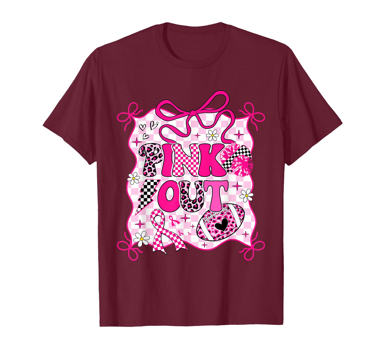 Checkered Football Breast Cancer Pink Ribbon Pink Out Women T-Shirt