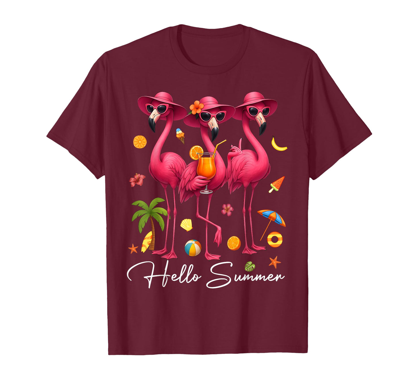 Hello Summer Pink Flamingo Summer Vibes Beach Palm Tree T-Shirt
