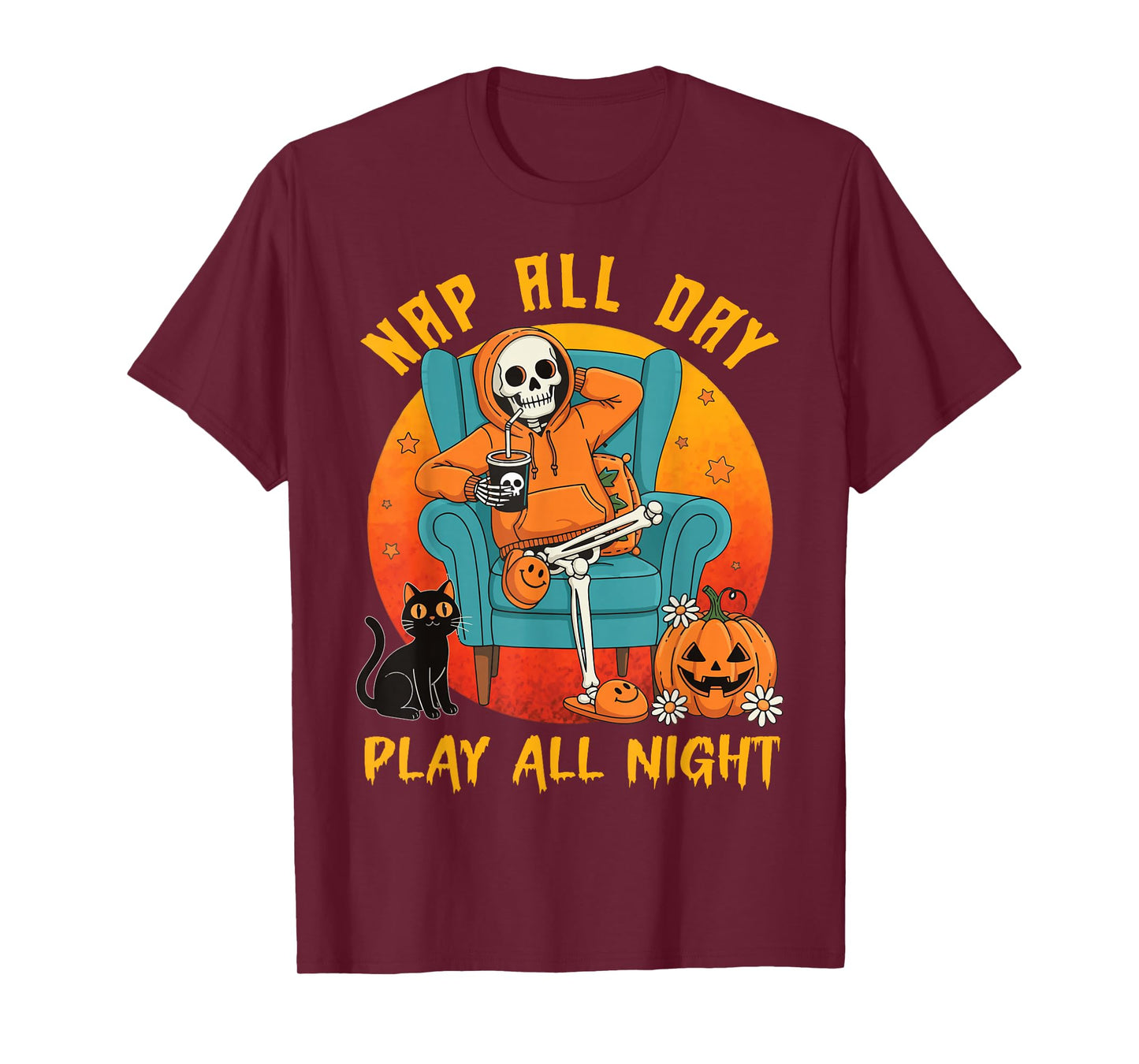 Nap All Day, Play All Night Pumpkin Cat Halloween Skeleton T-Shirt