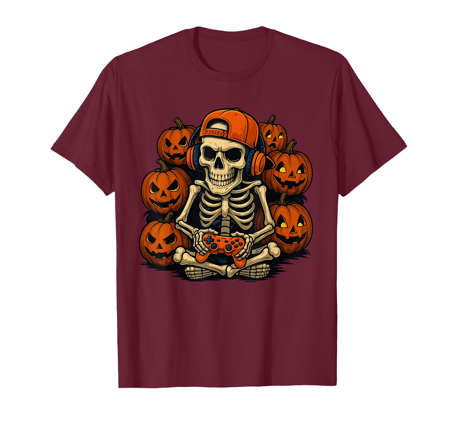 Halloween Boys Kids Men Funny Skeleton Gamer Pumpkin T-Shirt