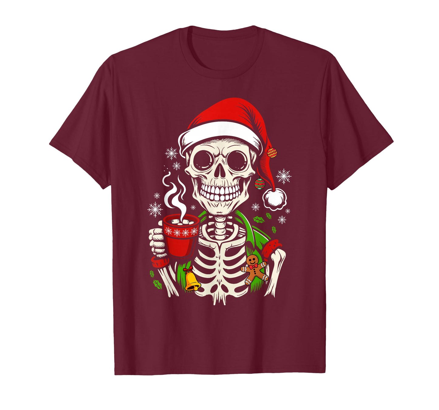 Funny Christmas Skeleton Drinking Coffee Smiling Skull Xmas T-Shirt