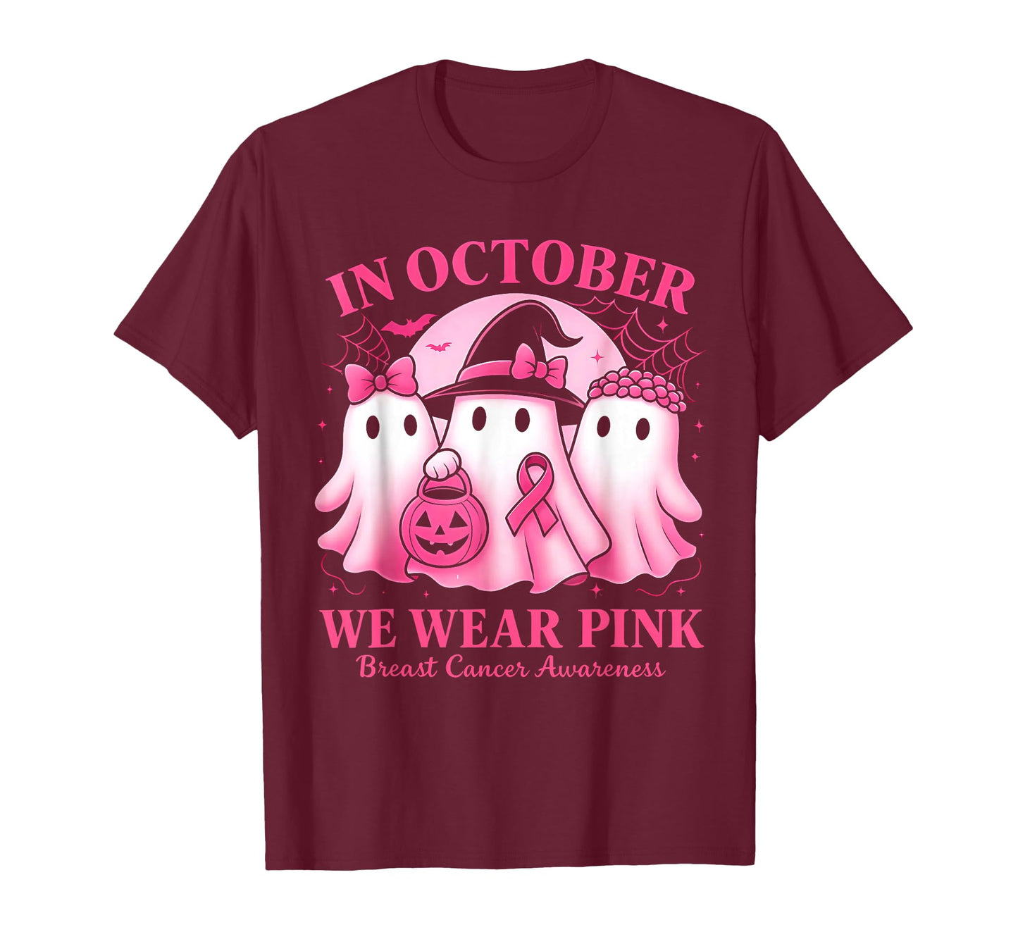 in October We Wear Pink Ghost Trio Breast Cancer Awareness T-Shirt