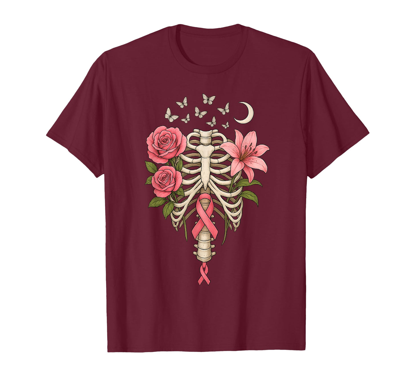 reast Cancer Skeleton Floral Awareness Ribcage Moon T-Shirt