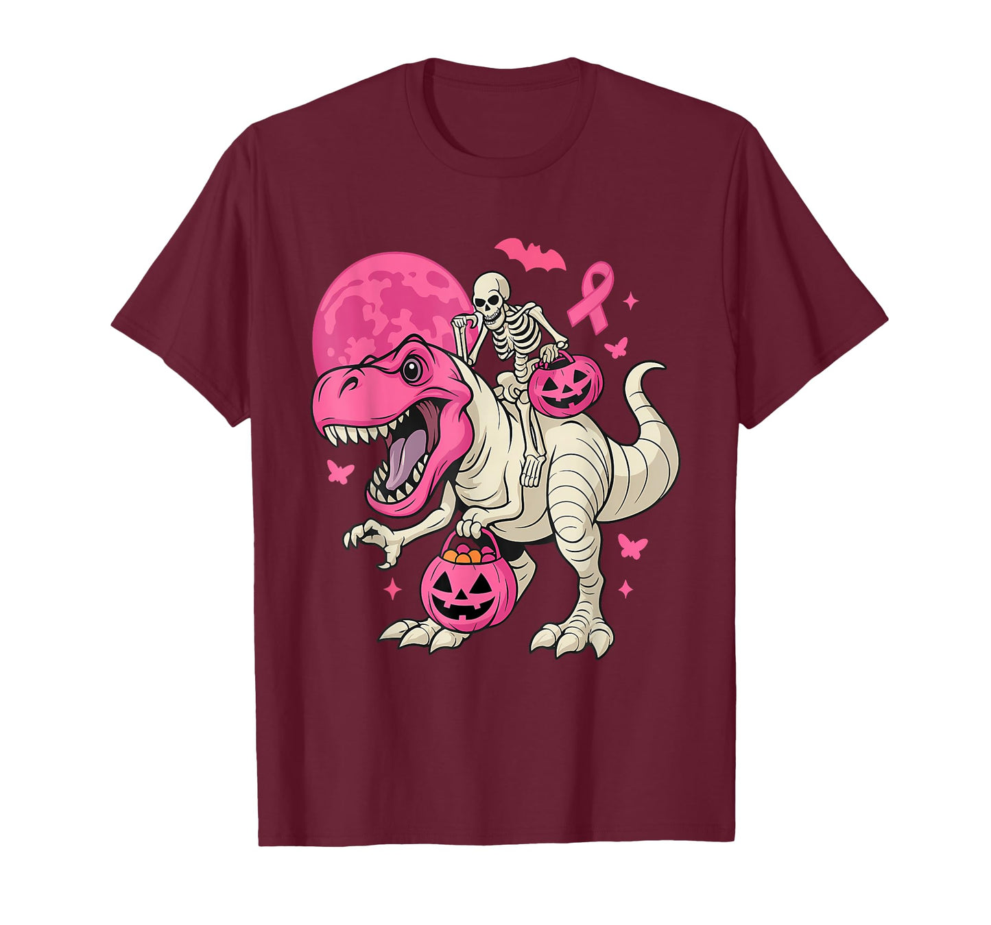 Skeleton Riding Dinosaur Halloween Pumpkin Breast Cancer T-Shirt