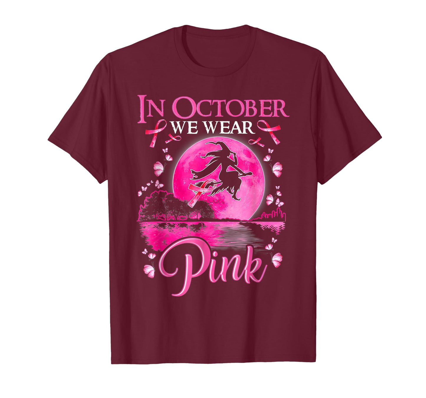 in October We Wear Pink Ribbon Witch Halloween Breast Cancer T-Shirt