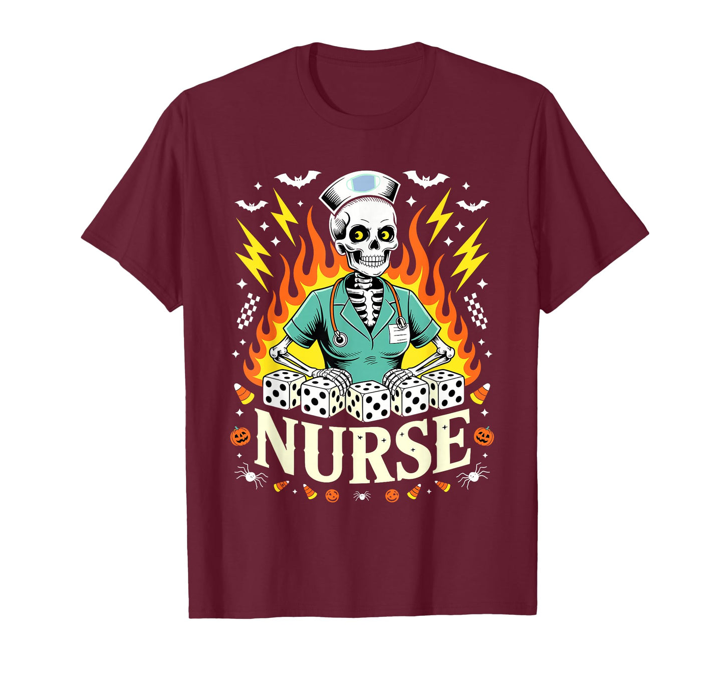 Skeleton Nurse Halloween Dice Funny RN Spooky Medical Art T-Shirt