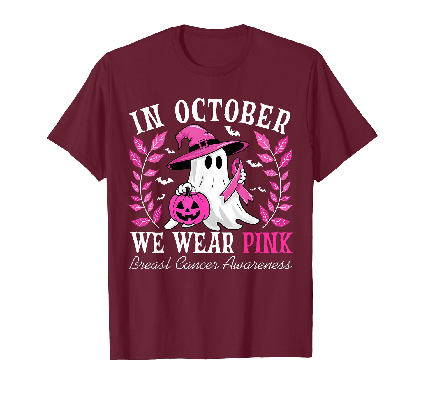 in October We Wear Pink Ribbon Breast Cancer Ghost Halloween T-Shirt