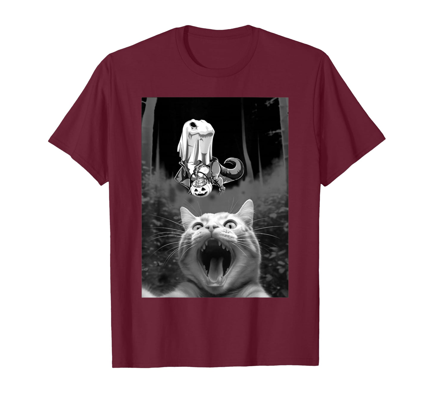Surprised Cat Selfie with Dinosaur Skeleton Halloween Boo T-Shirt