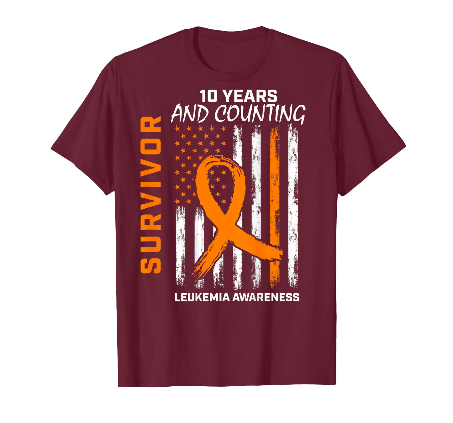 10 Year Cancer Survivor Leukemia Awareness American Flag T-Shirt