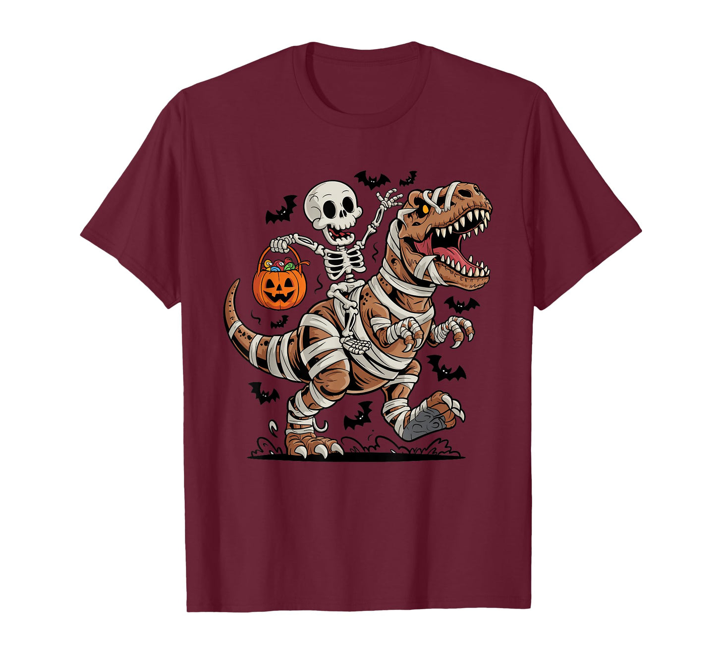 Funny Skeleton Riding Mummy T Rex Dinosaur Trick or Treat T-Shirt