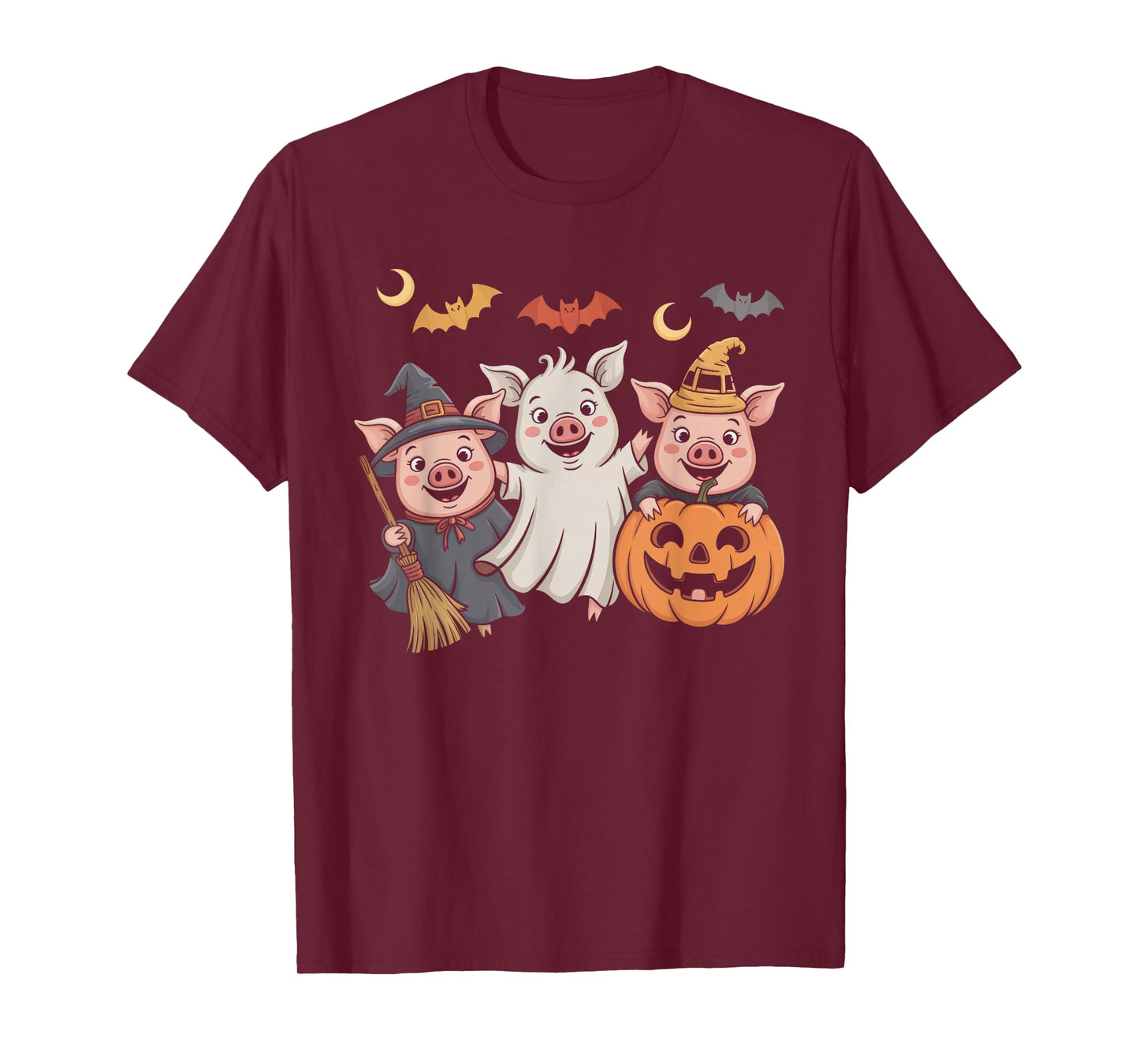 Three Halloween Pigs Cosplay Witch Boo Carved Pumpkin T-Shirt